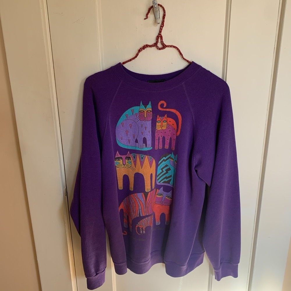 Laurel Burch VTG '87 L Pullover Sweatshirt Crewneck Fantastic Felines Purple Cat